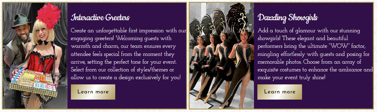 Two service tiles from the Mystique site, Interactive Greeters and Dazzling Showgirls, sharing one layout: a photo on the left, then a purple panel with a script heading, a short description, and a gold Learn more button.