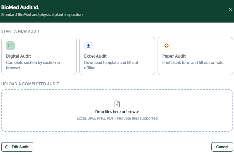 The Start New Audit screen, showing Digital Audit, Excel Audit, and Paper Audit as parallel options, plus a drop zone to upload a completed audit.