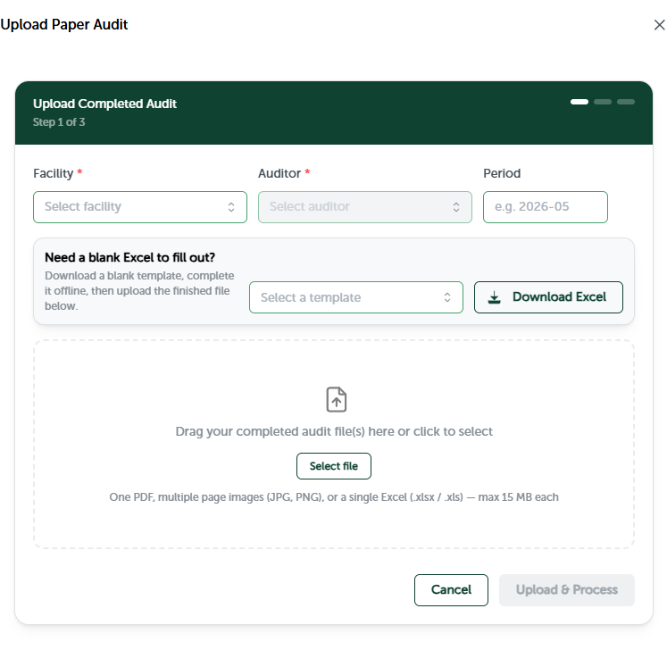 The Upload Paper Audit flow: facility, auditor, and period fields, then a drag-and-drop area accepting a PDF, page images, or an Excel file.