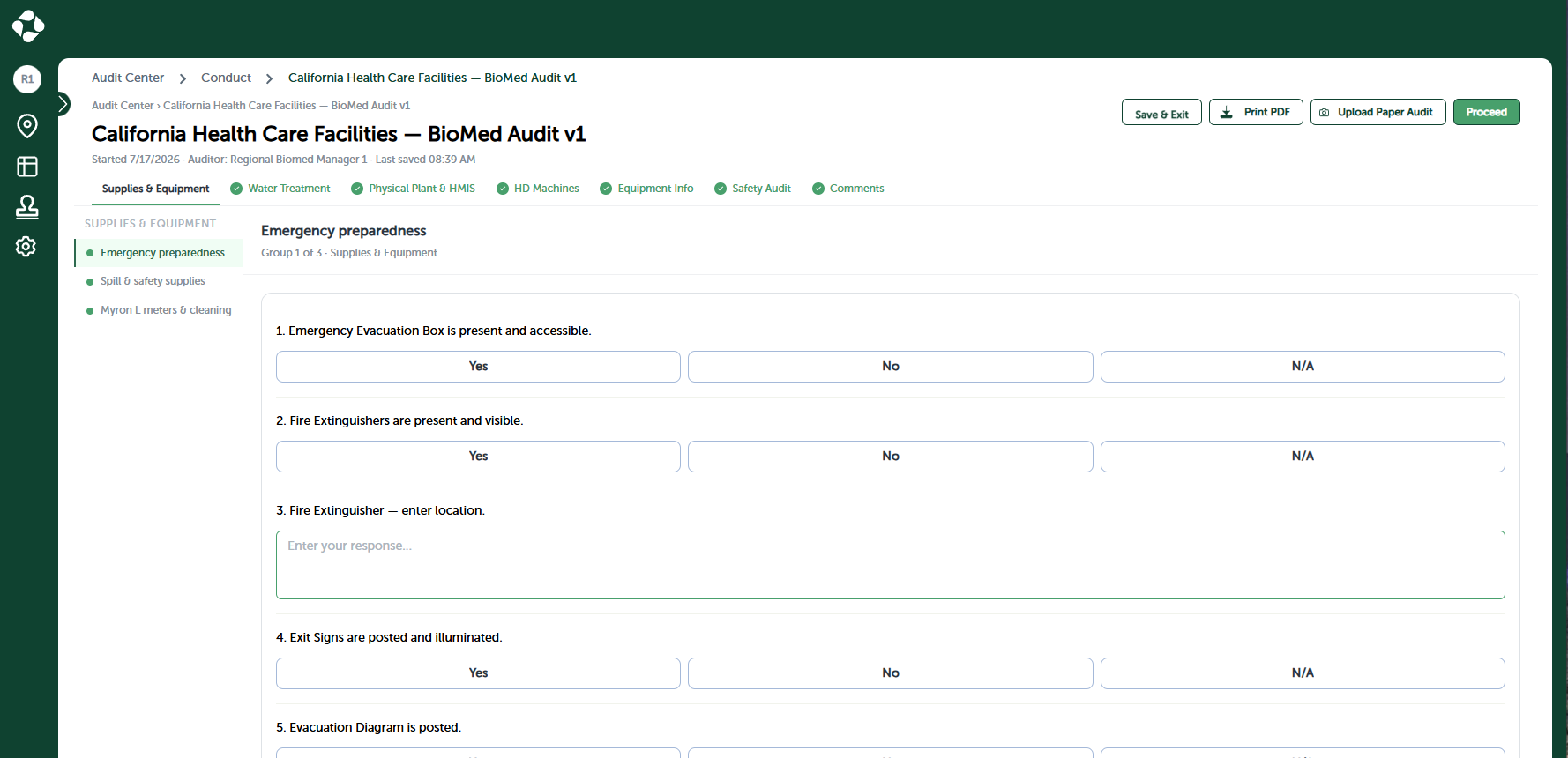 Audit Center's digital audit view, showing a BioMed audit in progress with section tabs, Yes/No/N/A questions, and Print PDF, Upload Paper Audit, and Proceed actions.