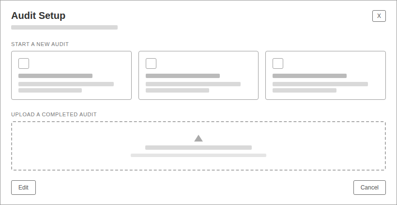 Early low-fidelity wireframe of the audit setup screen: three format options, an upload dropzone, and basic action buttons, no visual design applied yet.