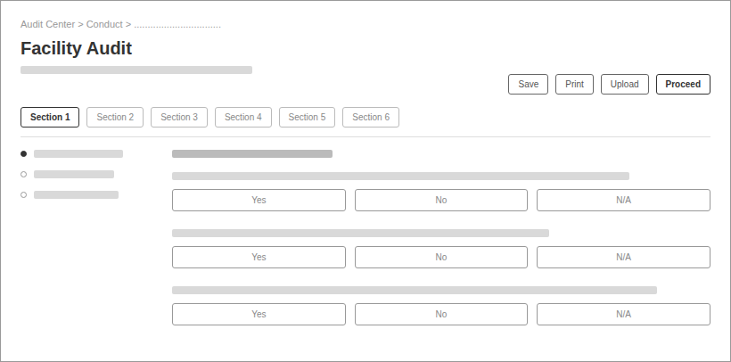 Early low-fidelity wireframe of the audit-taking screen: section tabs, a sidebar, and repeated Yes/No/N/A question rows, no visual design applied yet.